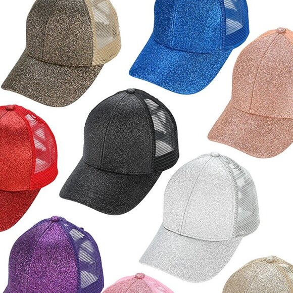 Glitter Mesh Back Criss-Cross Ponytail Baseball Cap Pony Cap - Picture 1 of 12